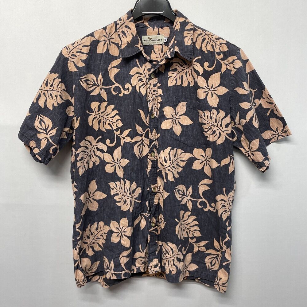 Two Paddles Men Button Hawaiian Shirt Top Size XL X-Large Floral M274 -15